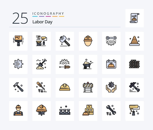 Labor day 25 line filled icon pack including garage tools labour saw labor day