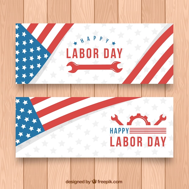 Labor day banners with american flag and wrench