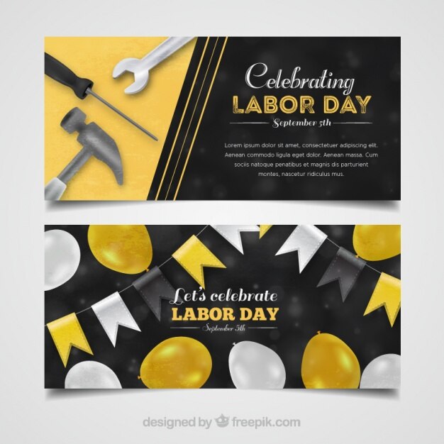 Labor day banners with balloons and tools