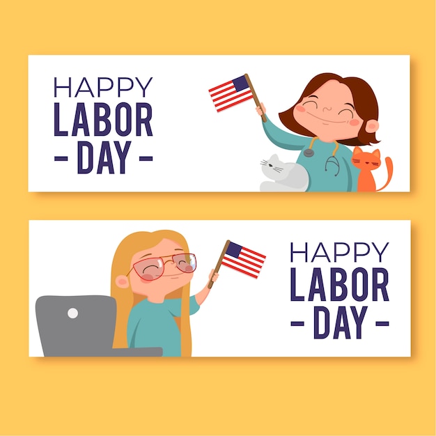 Labor day banners with happy women