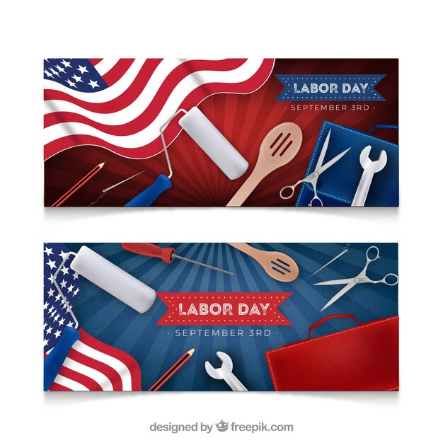 Labor day banners with realistic tools