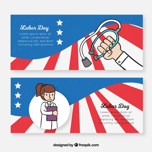 Free vector labor day banners with worker in hand drawn style