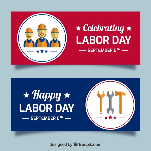 Labor day banners with workers and tools