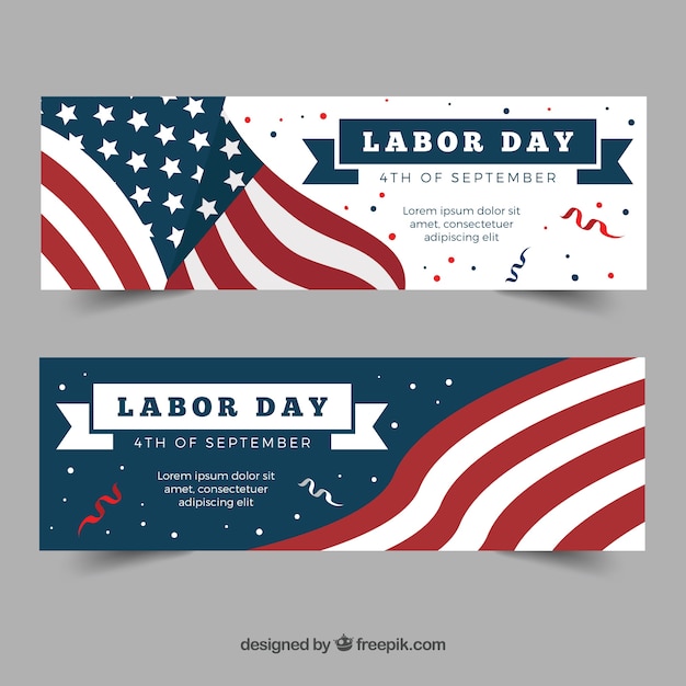 Labor day banners witth flag and confetti