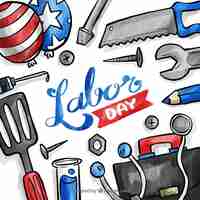 Free vector labor day composition with watercolor tools