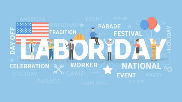 Labor day illustration Word cloud with american flags and workers