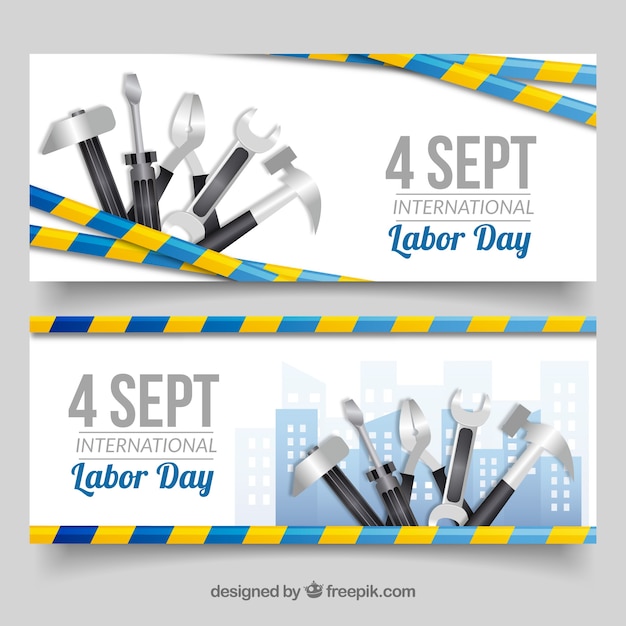 Free vector labor day's banners with tools and date