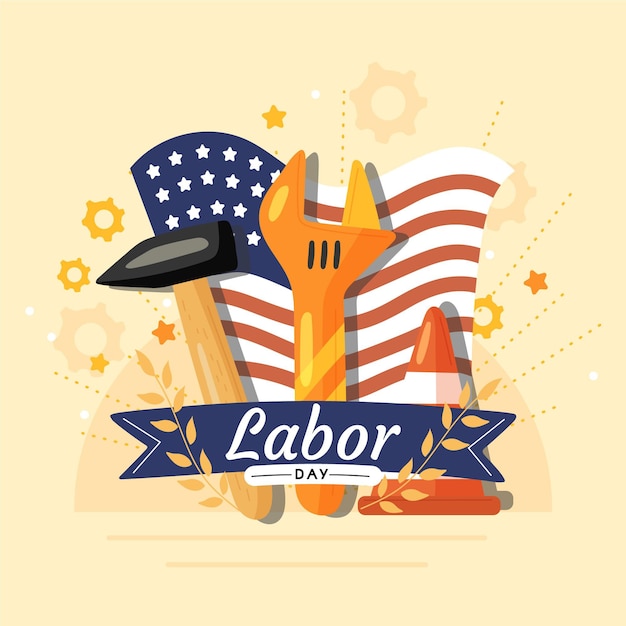 Free vector labor day with tools and flag