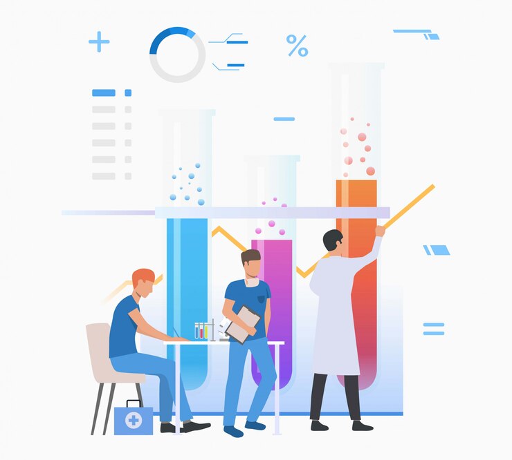 Free Vector laboratory assistants drawing graph and working with tubes