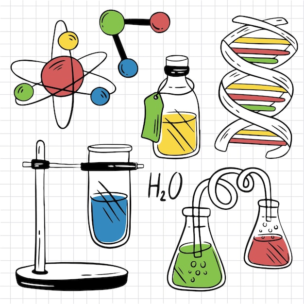 Vettore gratuito attrezzature da laboratorio con becher per matracci di tubi di vetro e altre apparecchiature di misurazione per laboratori chimici o medici in stile cartone animato per designer grafico concetto di educazione scientifica in biologia illustrazione vettoriale