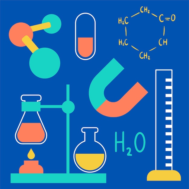 Attrezzature da laboratorio con becher per matracci di tubi di vetro e altre apparecchiature di misurazione per laboratori chimici e medici in stile cartone animato per designer grafico illustrazione vettoriale