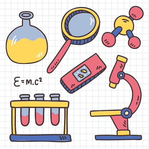 Laboratory equipment with glass tubes flask beaker and other chemical and medicine lab measuring equipment cartoon style for graphic designer vector illustration