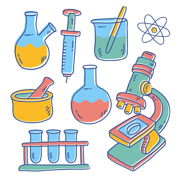 Attrezzature da laboratorio con becher per matracci di tubi di vetro e altre apparecchiature di misurazione per laboratori chimici e medici in stile cartone animato per designer grafico illustrazione vettoriale