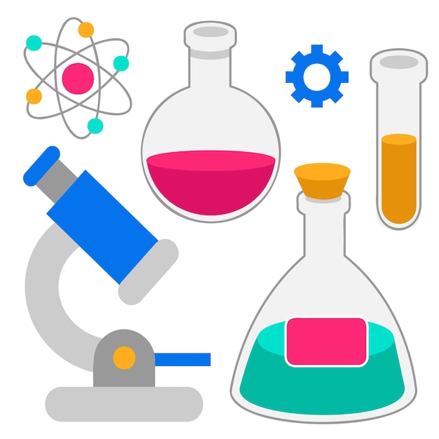 ガラス管フラスコビーカーと他の化学および医学実験装置を備えた実験装置グラフィックデザイナーのための漫画スタイルベクトル図