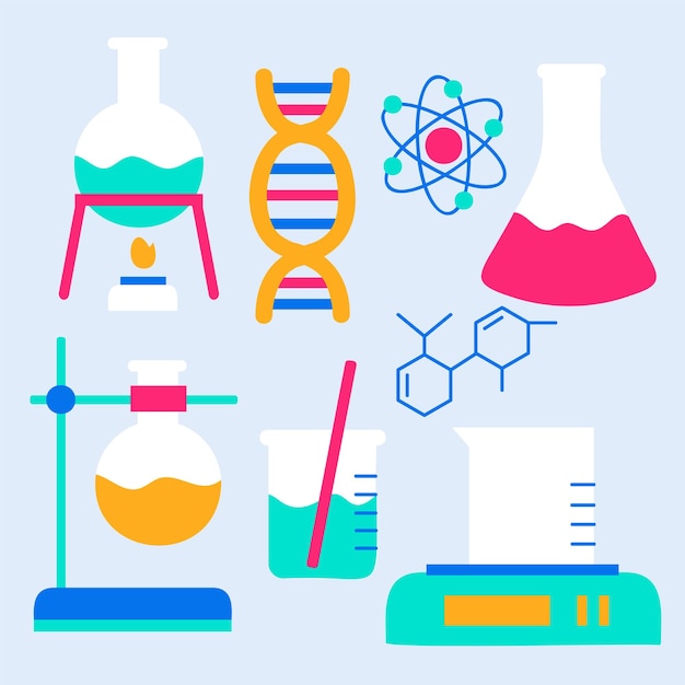 유리 튜브 플라스크 비커 및 기타 화학 및 의학 실험실 측정 장비 만화 스타일 그래픽 디자이너 벡터 일러스트와 함께 실험실 장비