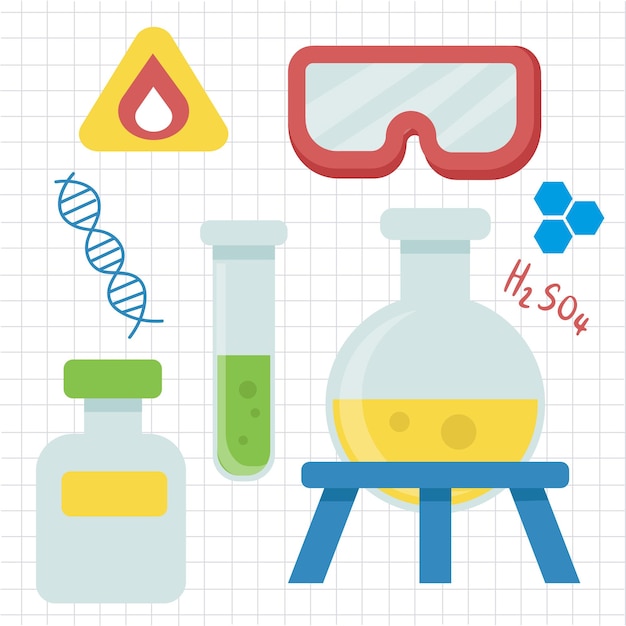 Laboratory equipment with glass tubes flask beaker and other chemical and medicine lab measuring equipment cartoon style for graphic designer Vector illustration