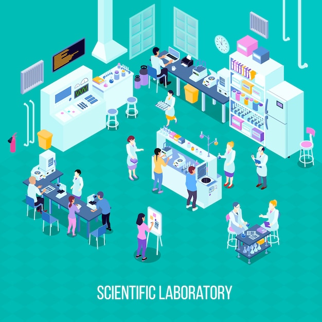 Composizione isometrica di laboratorio con personale, attrezzatura scientifica con tecnologie informatiche, strumenti chimici