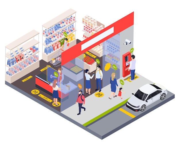 Laboratory medical testing isometric composition checking the visitor s temperature before entering illustration