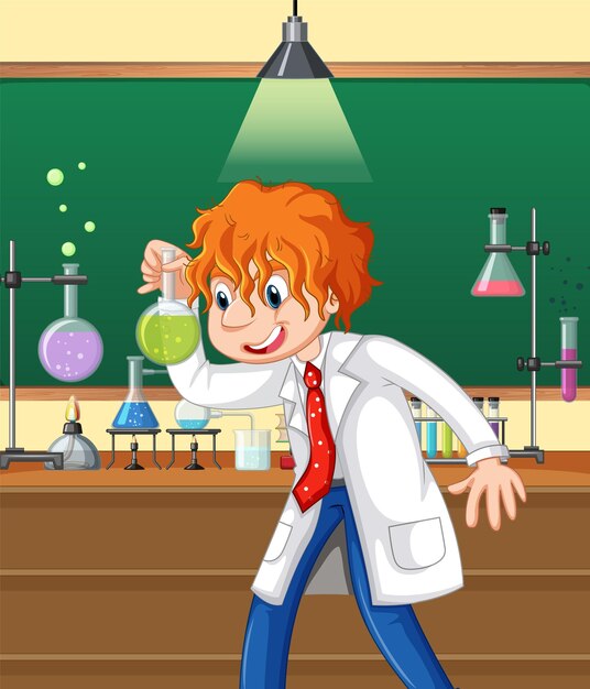 과학자 만화 캐릭터와 함께 실험실 장면