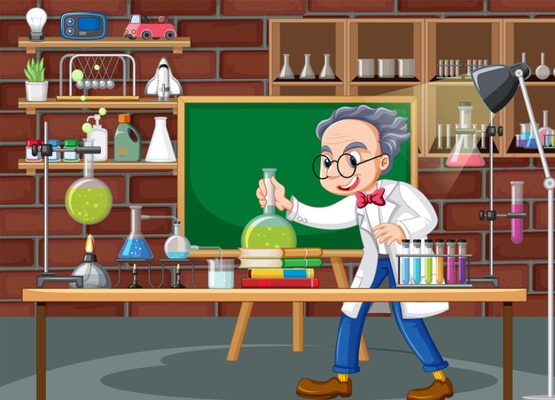 Laboratory scene with scientist cartoon character