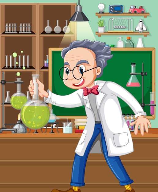 Laboratory scene with scientist cartoon character