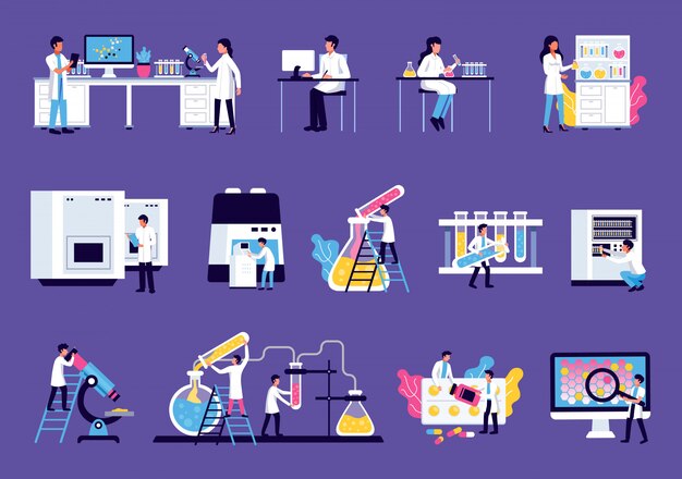 Laboratory set with isolated images of lab equipment furniture with colourful liquids and scientists human characters