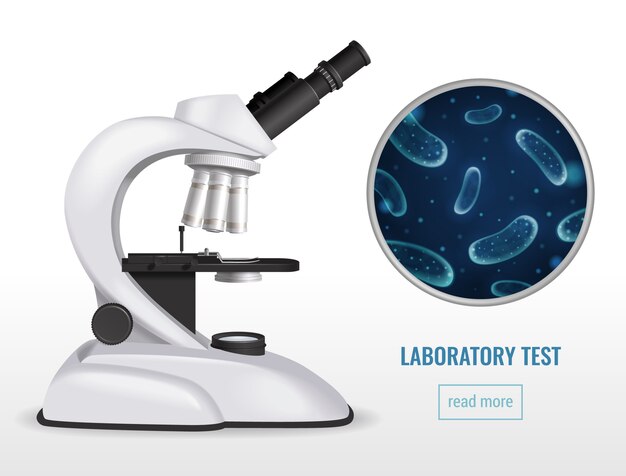 Laboratory test realistic vector illustration with microscope image and virus cells under microscope glass