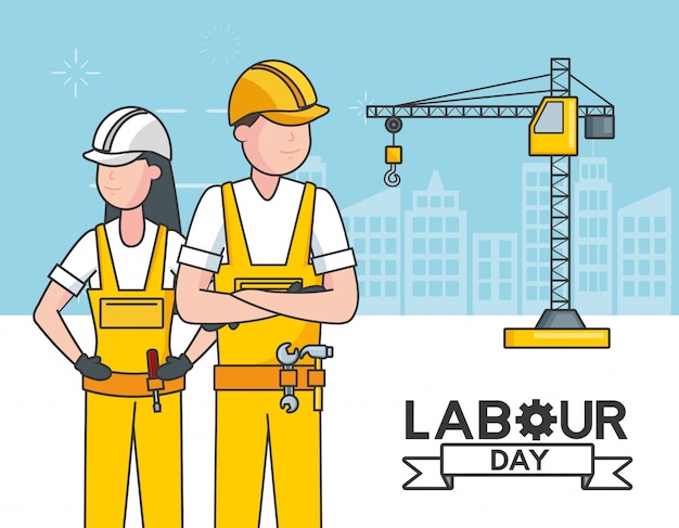 Laborers with a crane, buildings, illustration Free Vector