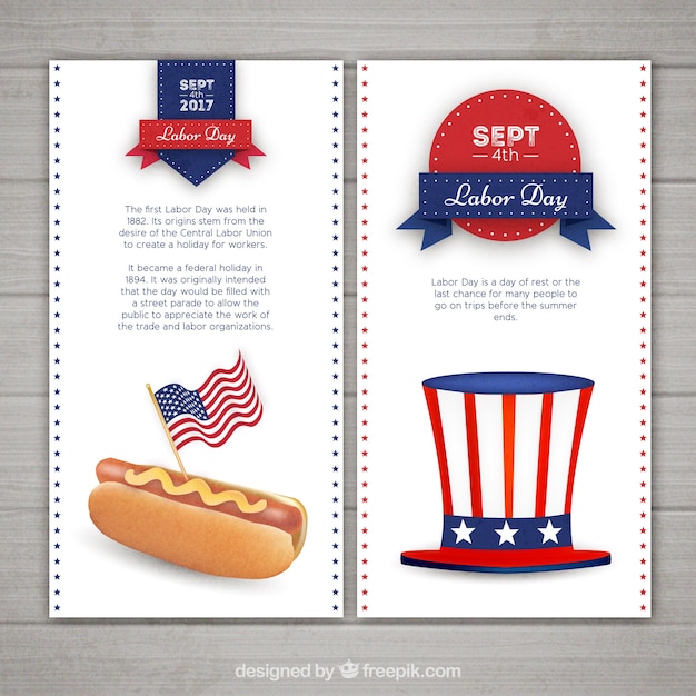 Free vector labors day's banners with hot dog and hat