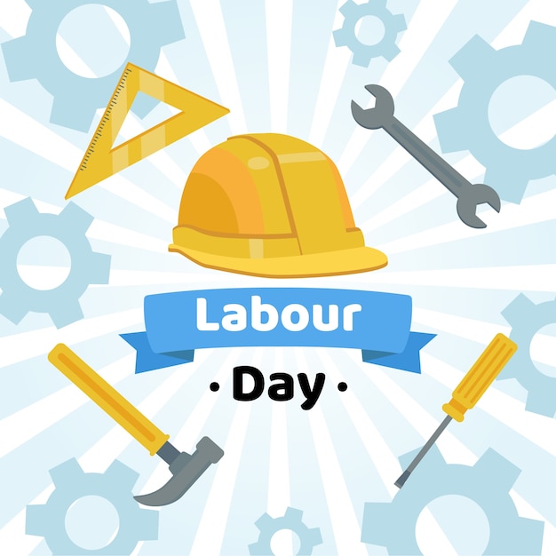 ハード帽子とツールのある労働者の日
