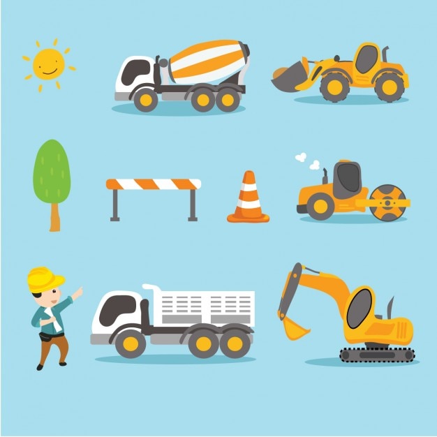 Free vector labourer with trucks and tractors