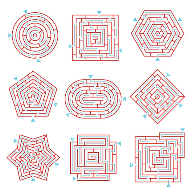 Labyrinth game way rebus set with isolated maze images on blank background with solution paths marks vector illustration