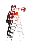 Ladder of success vision to lead business to achieve goal or opportunity in career concept man watching through telescope top of ladder