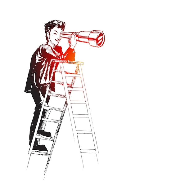 Ladder of success vision to lead business to achieve goal or opportunity in career concept Man watching through telescope top of ladder