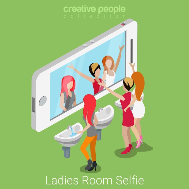 Ladies room selfie shot flat isometric lifestyle social media concept  Group of young beautiful girls before toilet smartphone mirror.