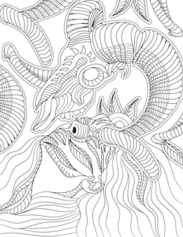 Lady line drawing with a dragon skull over her head coloring book with details inside
