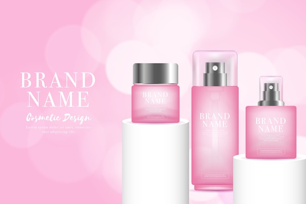 ピンクの色調の化粧品の広告で女性の香水
