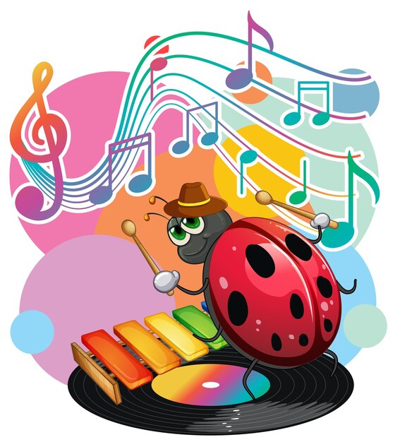 Ladybug cartoon with music melody symbols