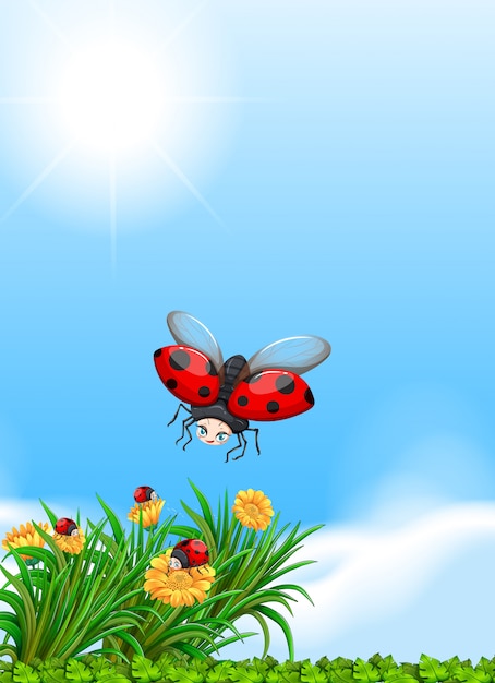 Ladybug flying in the garden