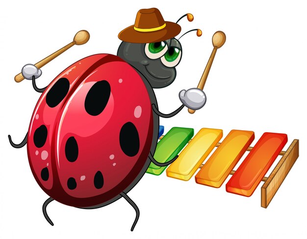 Ladybug playing xylophone on white background