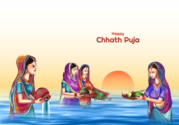 Free vector ladys offering chhath pooja to sun god in traditional festival card background