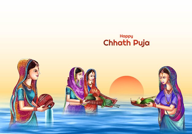 전통적인 축제 카드 배경에서 태양신에게 chhath pooja를 제공하는 숙녀