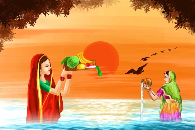 Donne che offrono chhath pooja al dio sole sullo sfondo della carta del paesaggio del festival tradizionale