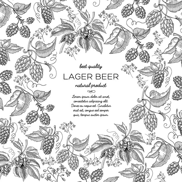 Lager beer round frame sketch composition with beautiful blooms