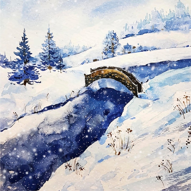 無料ベクター 湖と橋の冬の風景