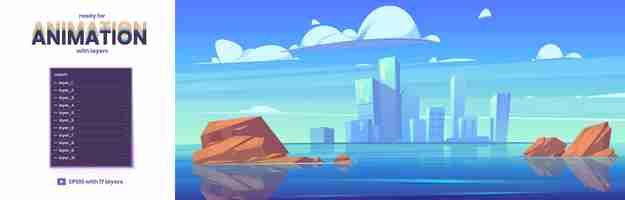 Free vector lake landscape with city buildings on skyline vector parallax background ready for 2d animation with cartoon illustration of sea or river with stones in water and town skyscrapers on horizon