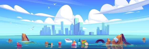 Бесплатное векторное изображение Озеро с пластиковым мусором в воде и городе