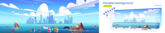 Lake with plastic trash in water and city buildings on skyline. Vector parallax background for 2d animation with cartoon illustration of sea pollution by waste and garbage