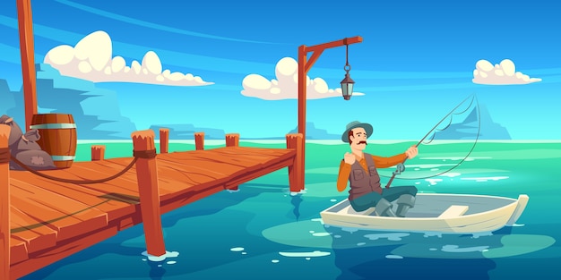 Lake with wooden pier and fisherman in boat. cartoon\
illustration of summer landscape with river, sea bay or pond, wharf\
and man in hat with fishing rod in boat