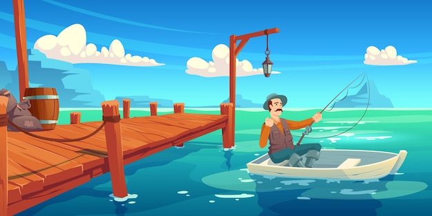 Lake with wooden pier and fisherman in boat. cartoon illustration of summer landscape with river, sea bay or pond, wharf and man in hat with fishing rod in boat